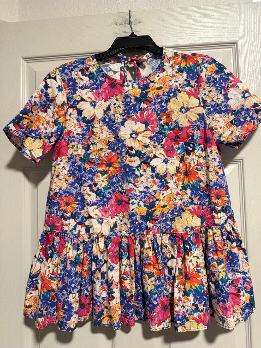 Zara Women Floral Short-Sleeve Ruffle-Hem Dress - Blue, Pink, Yellow, White